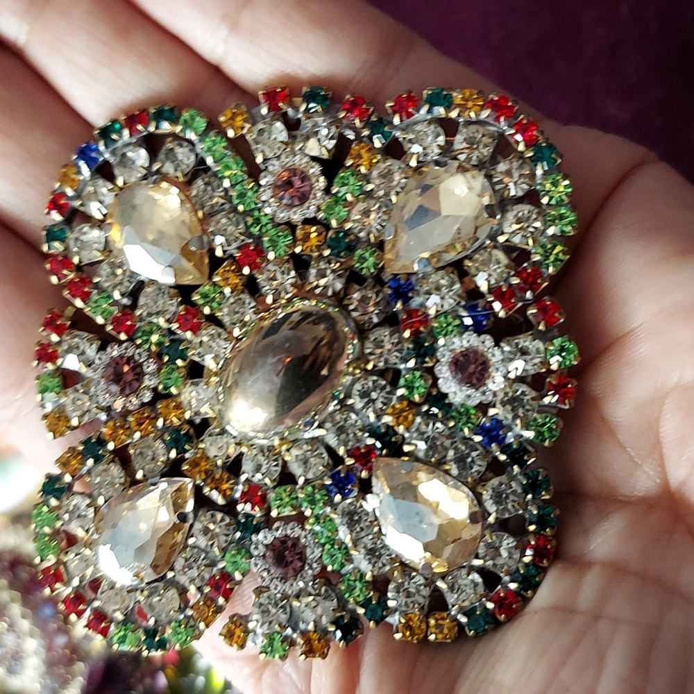 Czechoslovakian Multi Rhinestone Large Brooch - Picture 2 of 3